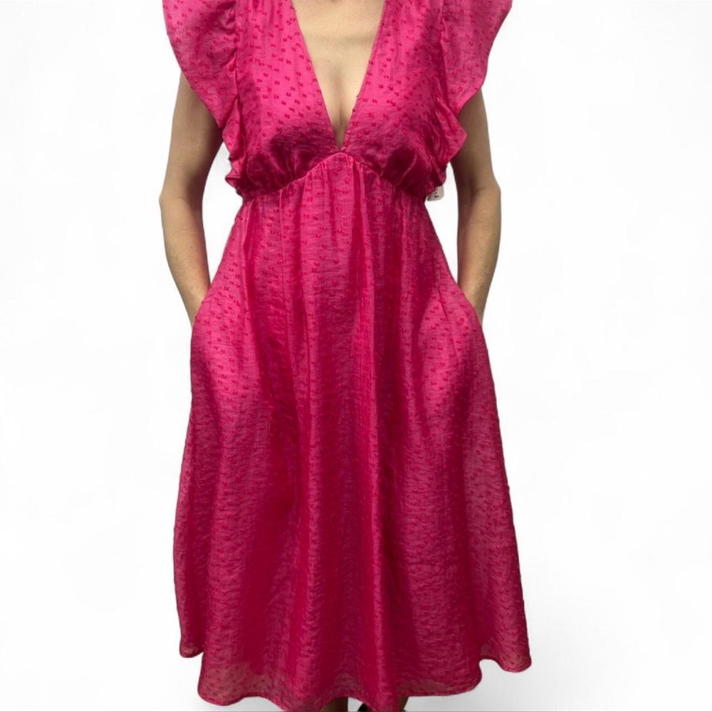 Chelsea28 Hot Pink V-Neck Ruffle Midi Dress